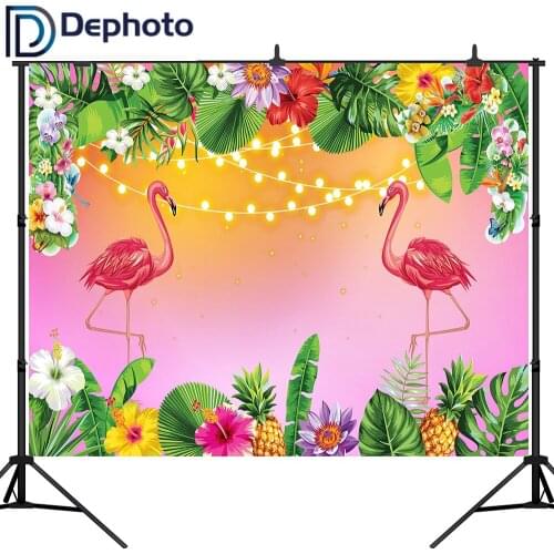 DePhoto Tropical Style Flowers With Flamingo Birthday Background Custom Backdrop Photocall For a Photo Shoot For The Photo