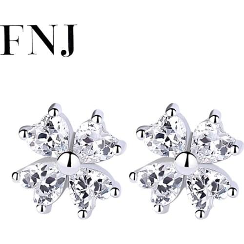 FNJ Clover Earrings 925 Silver Jewelry Original Pure S925 Sterling Silver Stud Earring for Women Cubic Zircon