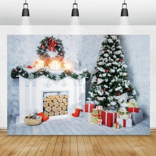 Winter Christmas Tree Gifts Fireplace Pine Branches Child Family Shoot Party Photozone Photography Background Photo Backdrop