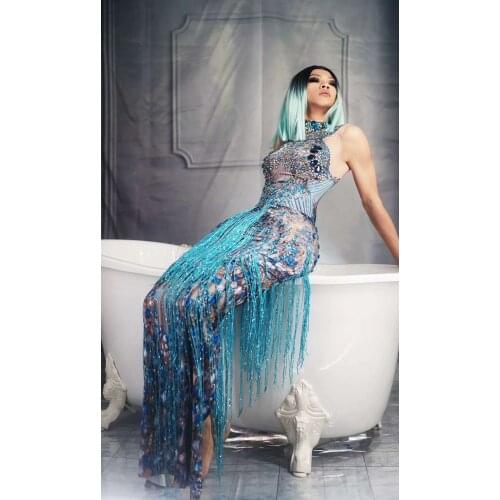 Hot Sexy Costume Sparkly Blue Fringe Dress Singer Performance Tassel Party Glisten Rhinestones Costume Sleeveless Long Dresses