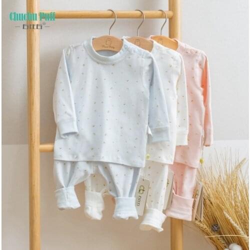 Cotton Long Sleeve Infant Baby Bodysuit Set Sleep Suits Baby Pajama Set with Shoulder Buttons Solid Ribbed Sunsuit Clothing Set