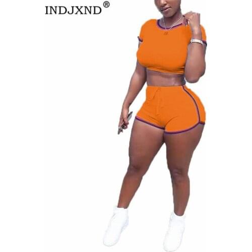 INDJXND Print Cotton 2 Piece Set Women O-Neck Crop Top Short Sleeve Outfits Summer Sports Elastic Waist Workout Knitting Clothes