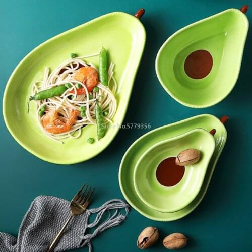 Creative Avocado Plate Cute Ceramic Tableware Household Dishs Snack Plate Avocado Bowl Salad Fruit Plate Dinnerware Sets