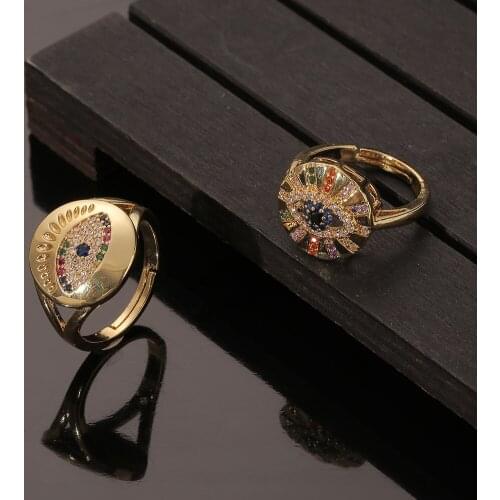 Fashion Luxury Gold Color Pave Cubic Zircon Rings Turkish Evil Eye Lucky Open Ring For Women Girls Daily Jewelry