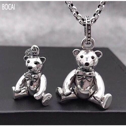 BOCAI 2021 Fashion Real s925 Silver Couple Man and Woman Pendant Individual Design Simple and Fashionable Student Bear Pendant