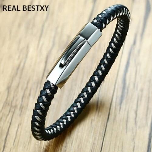 Real Bestxy new design wire leather bracelets with stainless clasp leather cord bracelets for male fashion jewelry hot sale
