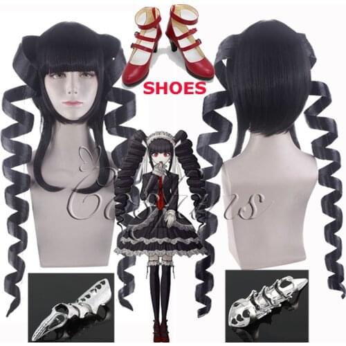 Danganronpa Celestia Ludenberg Cosplay Wig Black Spiral Curl Long Hair Gothic Celestia Ludenberg Punk Finger Bone Ring Cos Props