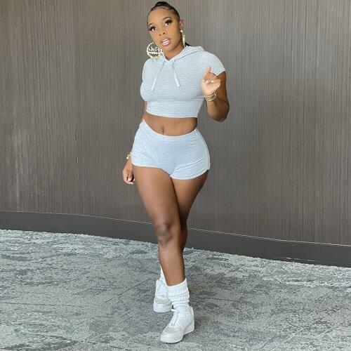 Casual Solid Athleisure Suits Hooded Drawstring Short Sleeve Sweatshirt and Biker Shorts for Women Fashion Fitness Tracksuits