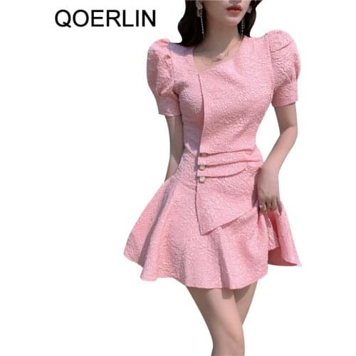 QOERLIN Women Pink Dress Summer Short Sleeve A-Line Elegant Dress Female Solid Irregular Collar Puff Sleeve White Vestidos Mujer