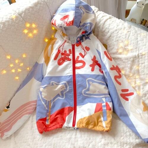 Japanese Soft Girl Cute Illustration Series Student Coat Soft Girl Printed Cotton Womens Autumn Winter College Style Ins Parkas