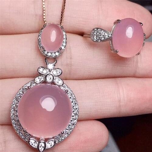 Jadery 2pcs Natural Pink Chalcedony Jade Jewelry Sets For Women 925 Sterling Silver Necklace/Ring Party Fine Jewelry 328 New