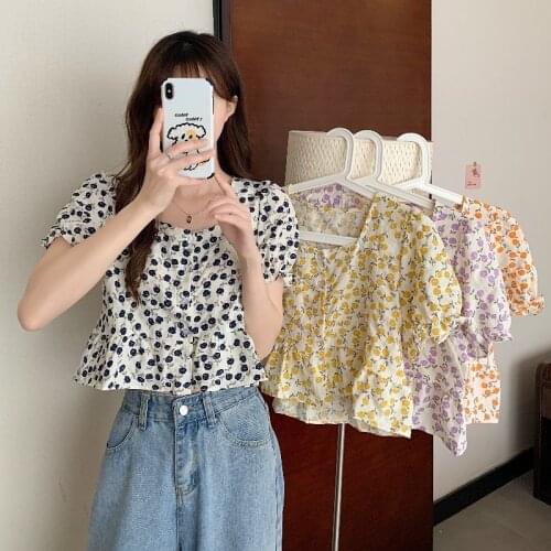 NewAsia Floral Top Women White Sweet Square Neck short Puff Sleeve Cover your waist Summer Woman Party Blouse 2020 New