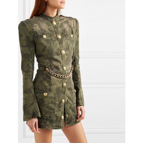 Chain Decoration Camouflage Dress Spring New Stand Collar Single-Breasted Long Sleeve Slim Mini Casual Army Green Women Dresses