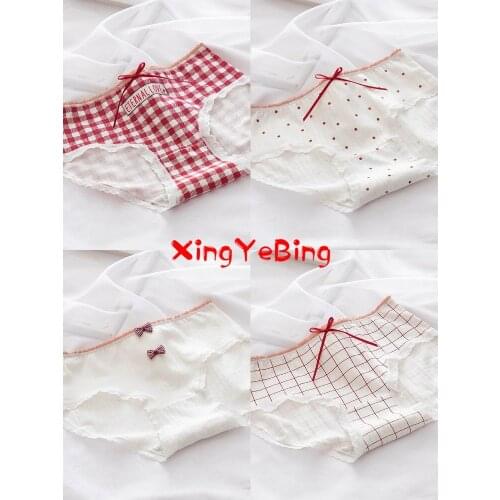 Japanese Department Is Sweet Check Bowknot Underwear Female Pure Cotton Crotch Ribbon In Waist Lady Underwear Lovely