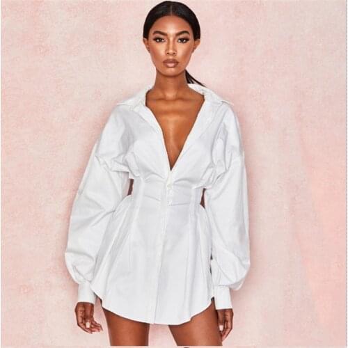 Women Shirts Dress Elegant Lady V-Neck High Waist Long Puff Sleeve Mini Dress Casual Solid Color Lapel Tunic Dress Autumn