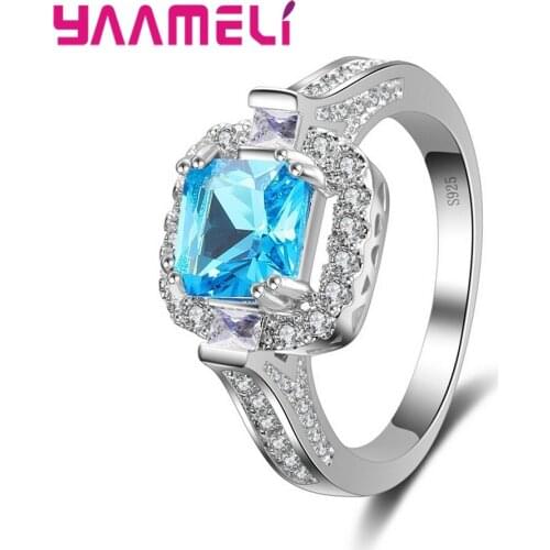 Big Light Blue Crystal Shiny Rhinestone For Women Sterling Silver 925 Wedding Engagement Party Finger Ring