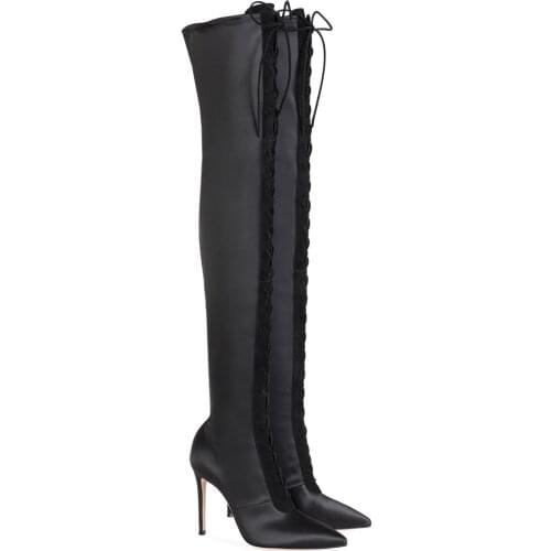 Over The Knee Elastic Long Boots Thin Heels Lace-up Pointed Toe Chelsea Thigh High Boots Lace Up Show Thin Black Booties Shoes