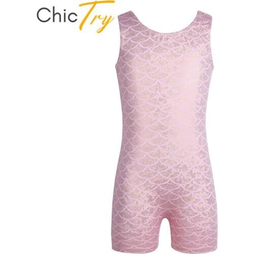 ChicTry Kids Teens Ballet Leotard Girls Shiny Scales Printed Gymnastics Leotard Sports Bodysuit Children Girls Stage Dance Wear