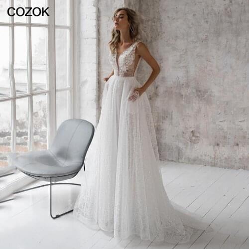 Elegant Glitter A-Line Wedding Dresses V-Neck Lace Appliques Sleeveless Beading Bridal Gown Sexy Brides Dress With Pocket