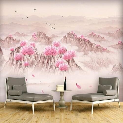 Photo Wallpaper Chinese Style Peach Blossom Artistic Ink Painting Landscape Cloud Fog Background Wall Mural Living Room Frescoes