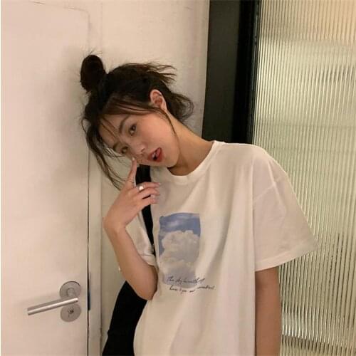 Casual White Cloud Letter Print T-shirt Womens T-shirts Tops Japanese Kawaii Ulzzang Female Korean Harajuku Clothes For Women