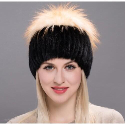 Real Knitted Water Leopard Fox Fur Hat Womens Skullies & Beanies Winter Mink Fur Hat Female Russia Cap Women Fur Hood DHY17-07