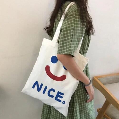 Korea Ulzzang NICE Letter smiley cartoon hip-hop canvas bag big capacity kawaii bear ins women shoulder bag Harajuku shopper bag