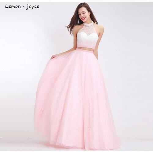 Lemon joyce Fantasy Pink Two Piece Prom Dresses 2019 Formal High Neck Beading Backless Party Gowns Plus Size vestido de noiva