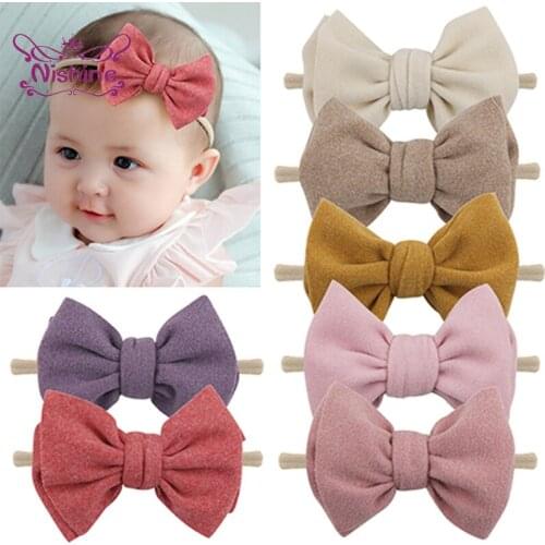 Nishine 10*7.5 CM Solid Color Imitation Cashmere Bowknot Baby Elastic Nylon Hairband Infant Fashion Bows Headband Birthday Gifts