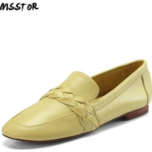 MSSTOR Square Toe Flat Shoes Shallow Slip-On Genuine Leather Autumn Spring 2018 Nude Shoes Fashion Concise Office Shoes Women