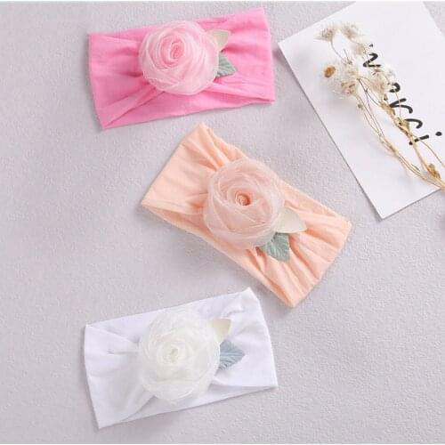 Nylon Floral Girls Headband Children Solid Soft Turban Baby Wide Headwrap Summer Stretchy Hairband Kids Flower Scrunchies