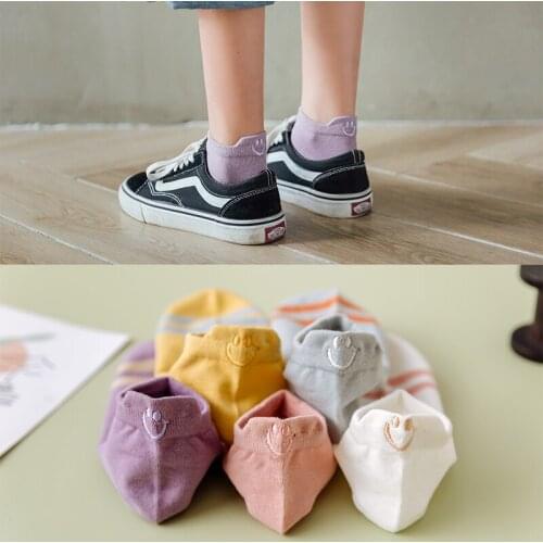 Spring And Summer Cotton Socks Fashion Women Boat Colorful Female Socks Shallow Mouth Short Heel Smiley Embroidery Girls Socks