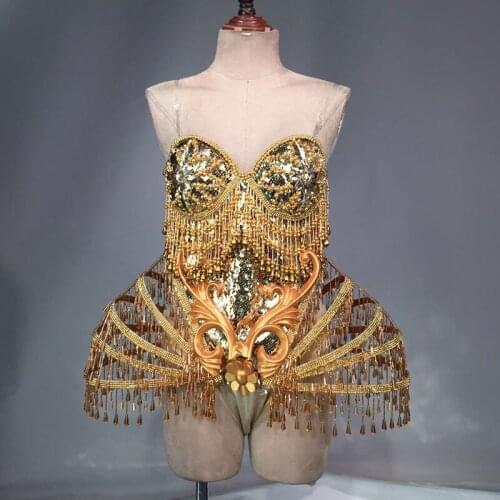 Sexy Crystal beads Bodysuit Dress Gold dresses Stage Performance Bling Dresses Dance Wear Nightclub Shining Costume Outfit
