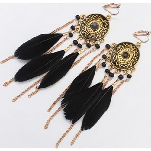 Fashion Bohemian Long Tassel Enamel Feather Clip on Earrings for Women Without Piercing Hanging Ear Clips Female Bijoux 2018