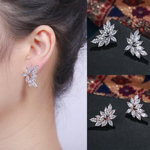 Top Quality White Gold CZ Cubic Zirconia Zircon Leaf Shape Wedding Earring Exquisite Bridal Bridesmaid Jewelry