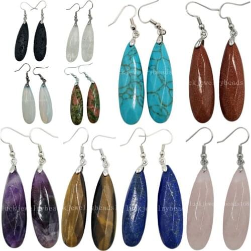 Lapis Lazuli Howlite Crystal Tigers Eye Unikate Opal Goldstone Volcanic rocks Water Drop Women Bead Dangle Earrings Pair WFH403