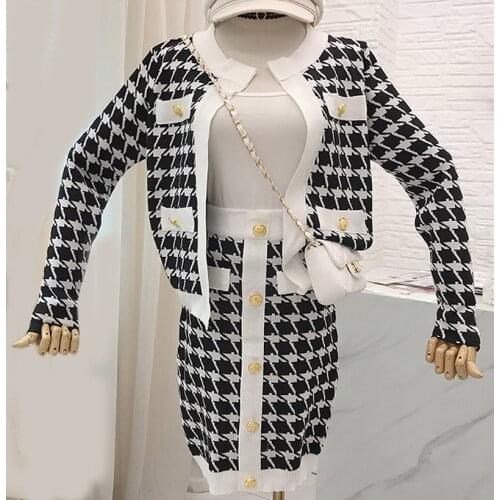 New 2019 Autumn Plaid Knit Two-piece Set Women Long Sleeve Metal Button Cardigan Coat + Mini A-Line Skirt Suits 2 Piece Outfits