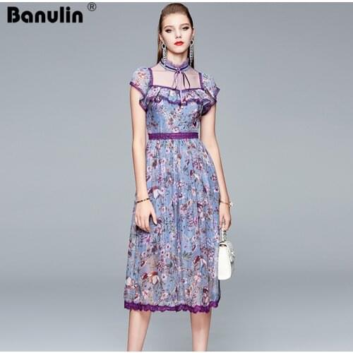 Banulin Fashion Runway Summer Flower Dress Women Short Sleeve Gorgeous Mesh Floral Embroidered Ruffles Elegant Party Vestido