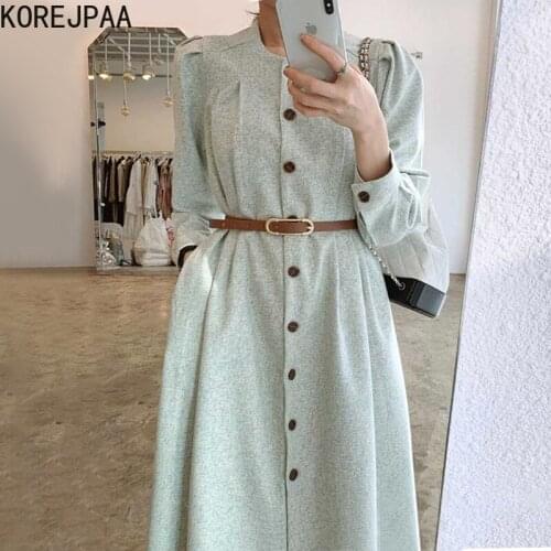 Korejpaa Women Dress 2021 Korean Fashion Autumn Commute Elegant Style O Neck Single Breasted Long-sleeved Vestidos with Belt
