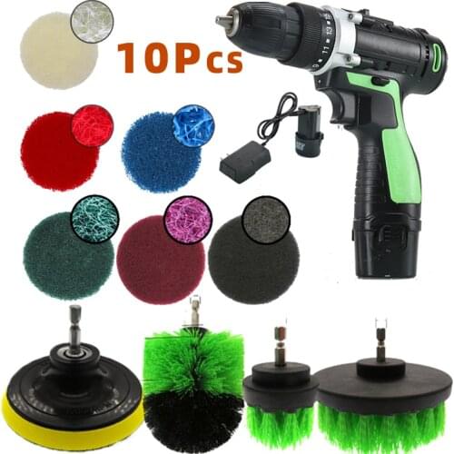 10 Pcs 12V Electric Drill Brush Kit Plastic Round Cleaning For Car Glass Home Attachment Set Scrubber Scouring And Scrub Pads