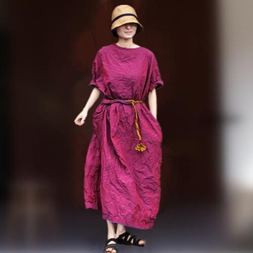 19 Summer Cotton Plum Purple Blue Cable Color Lead Waist Structure Waist Hemp Flowers Rope Collision Dress 90426