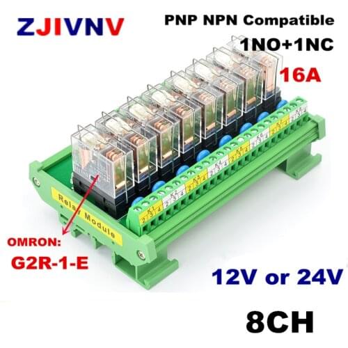 8 channels DIN Rail Mount 16A Power Relay Interface Module 1 NO+1 NC with OMRON G2R-1-E DC12v/24V Relay PNP NPN compatible