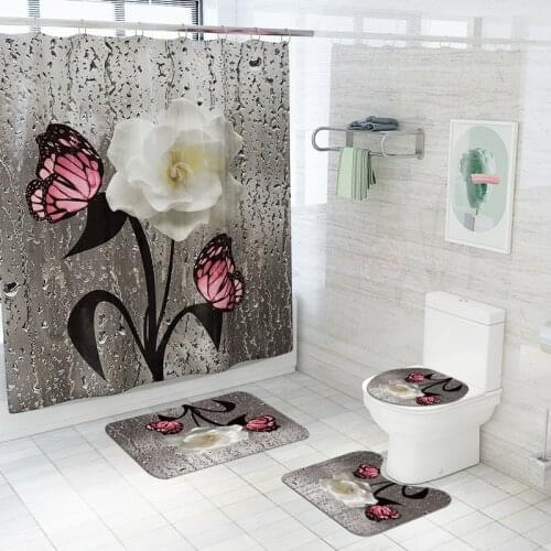 White Rose Bathroom Curtains Set Pink Butterfly Fabric Shower Curtain Non-slip Mat Pedestal Toilet Cover Rug Carpet Home Decor