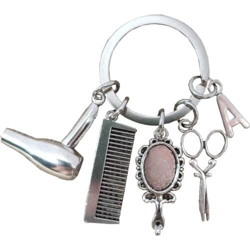 A-Z Letters Unique Handmade Retro Silver Plated Hair Drier Comb Mirror Scissors Style Keychain Key Ring Barber Shop Gift