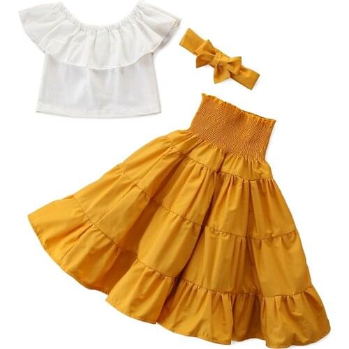 Pudcoco Toddler Kids Baby Girls Clothes 2-7Y Off Shoulder Ruffle Crop Top Ruffle Tutu Long Dress 2pcs Summer Outfit Set Clothes