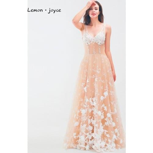 Lemon joyce Sexy Illusion Evening Dress 2020 Tulle Embroidery V-Neck A-Line Sleeveless Long Dresses Party Dress Gowns Plus Size