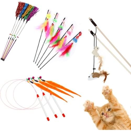Pet Cat Teaser Toys Feather Linen Wand Cat Catcher Teaser Stick Cat Interactive Toys Wood Mouse Toy With Mini Bell