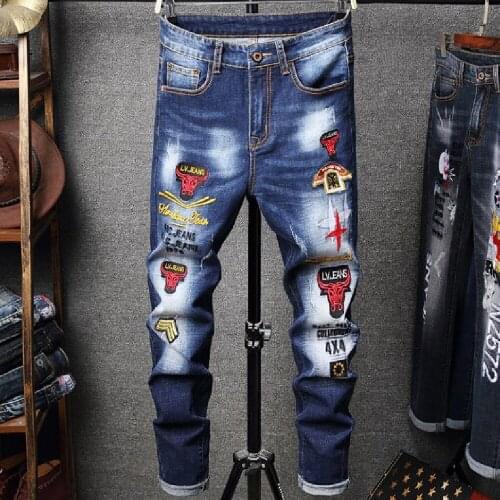 Mens jeans new trend stretch small straight trousers mens slim badge embroidery jeans fashion wear white make old trousers