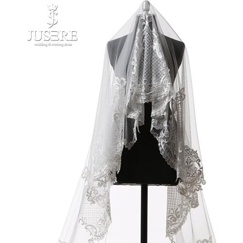 Jusere Own Design Special Appliques Pattern Around Edge Clean Edge Long 3m Soft Tulle Bridal Veil 2018