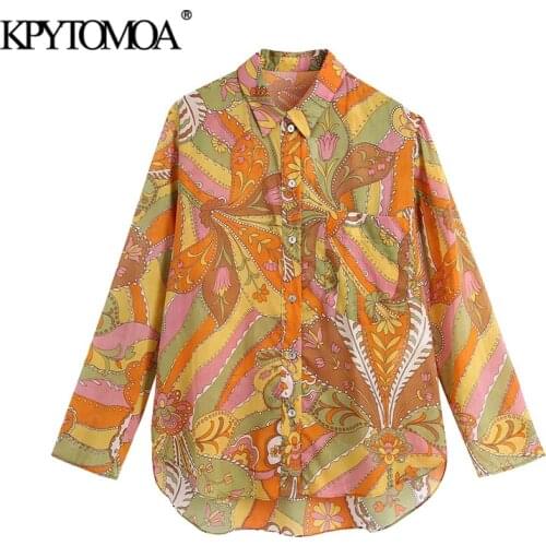 KPYTOMOA Women 2021 Fashion Floral Print Asymmetric Side Vents Blouses Vintage Long Sleeve Button-up Female Shirts Chic Tops